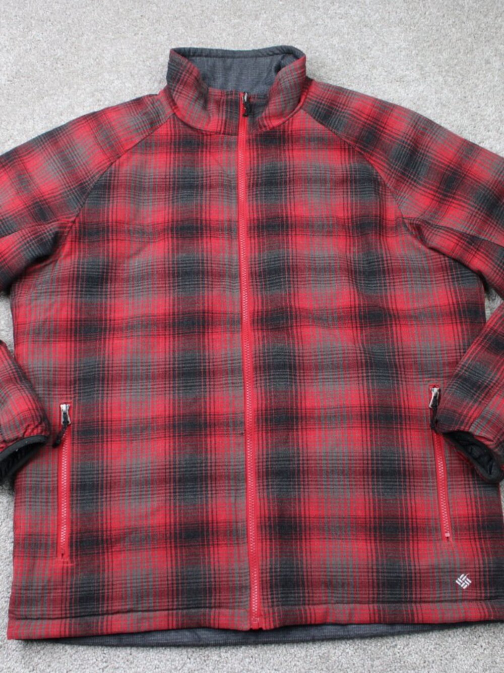 Columbia Reversible Jacket Mens Large Red/Gray Plaid Puffer Omni Shield Full Zip